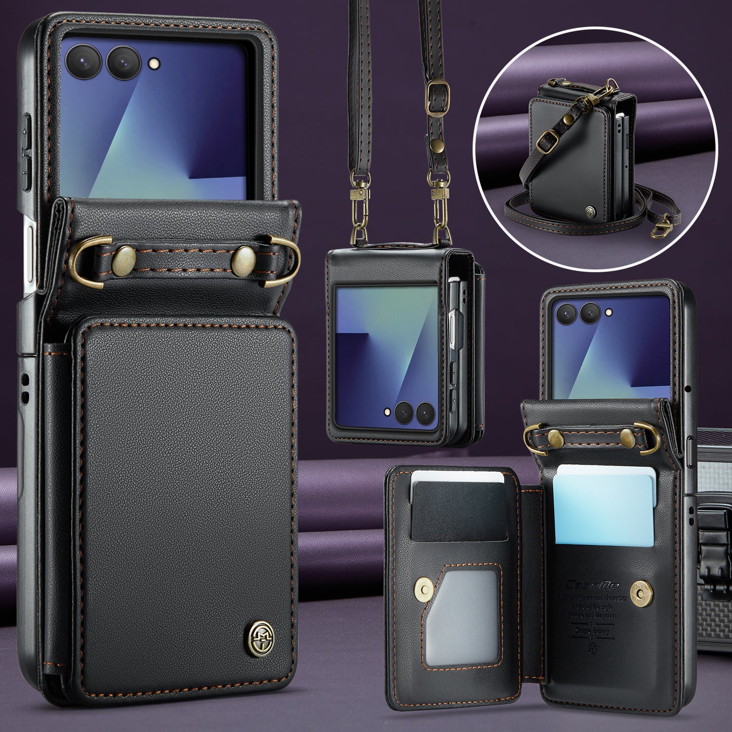 For Samsung Galaxy Z Flip7 5G Case with RFID Blocking 5 Card Slots CASEME C22 Leather Back Cover - Black