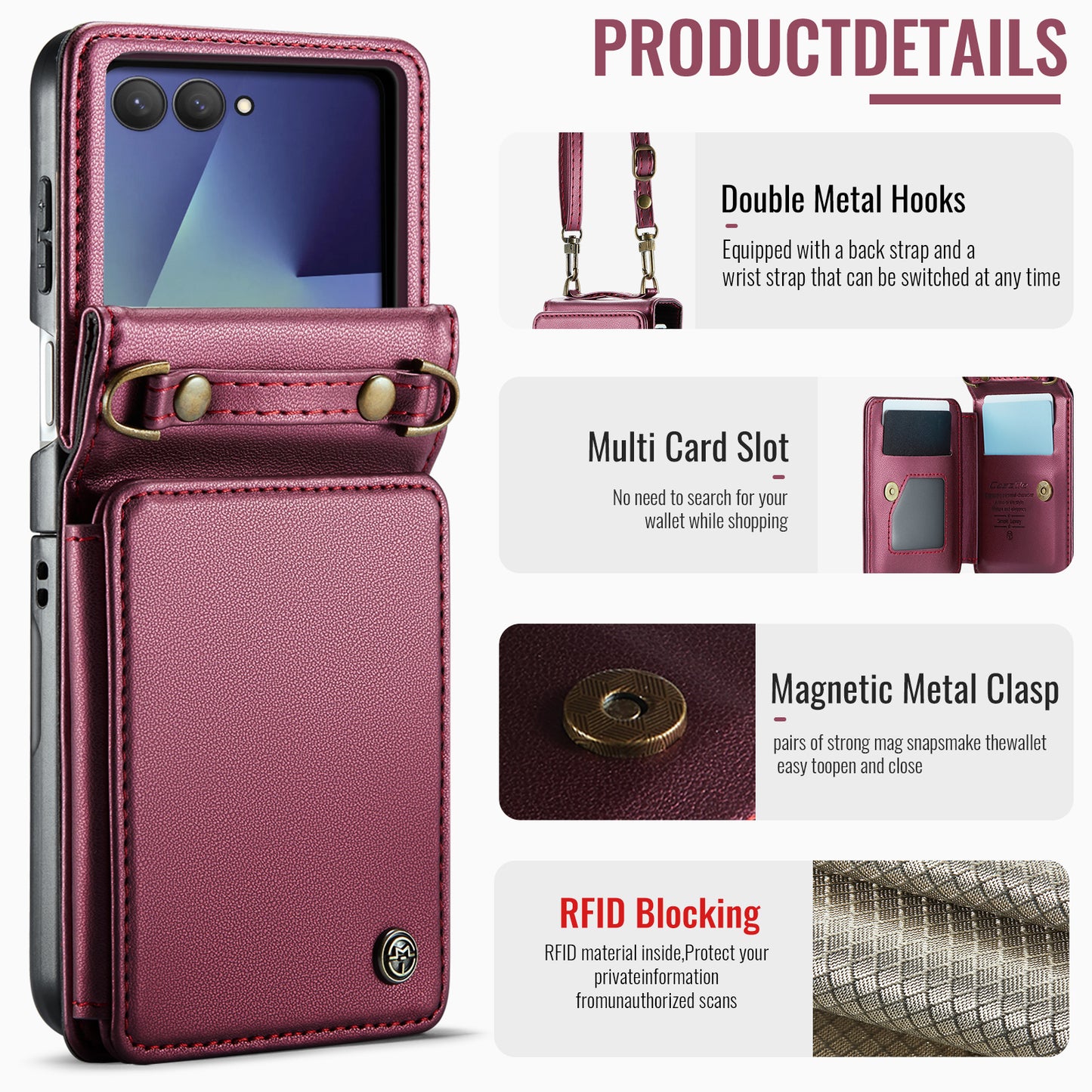 For Samsung Galaxy Z Flip7 5G Case with RFID Blocking 5 Card Slots CASEME C22 Leather Back Cover - Red
