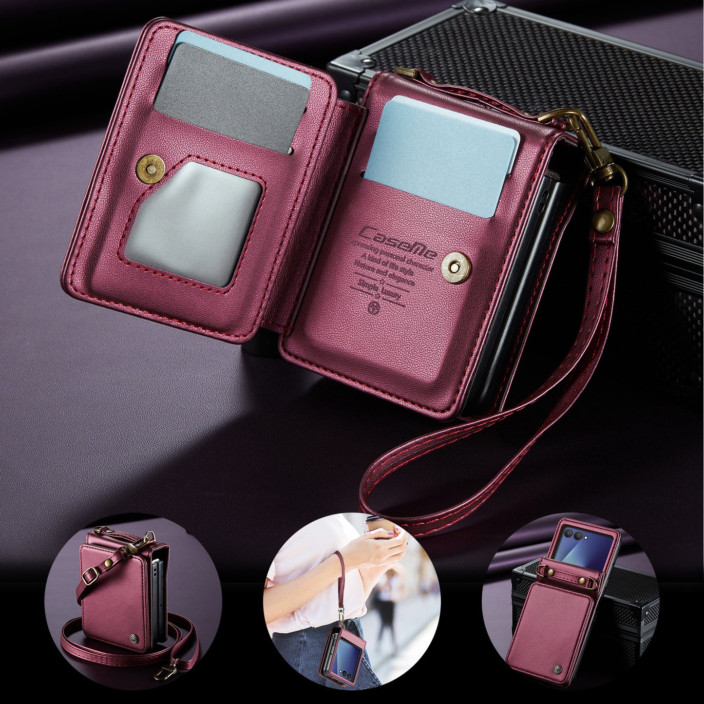 For Samsung Galaxy Z Flip7 5G Case with RFID Blocking 5 Card Slots CASEME C22 Leather Back Cover - Red