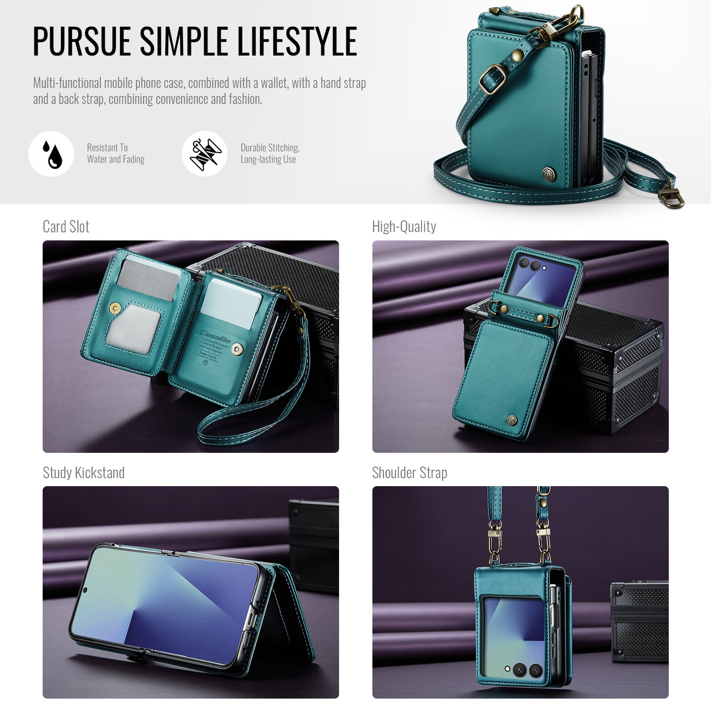For Samsung Galaxy Z Flip7 5G Case with RFID Blocking 5 Card Slots CASEME C22 Leather Back Cover - Green