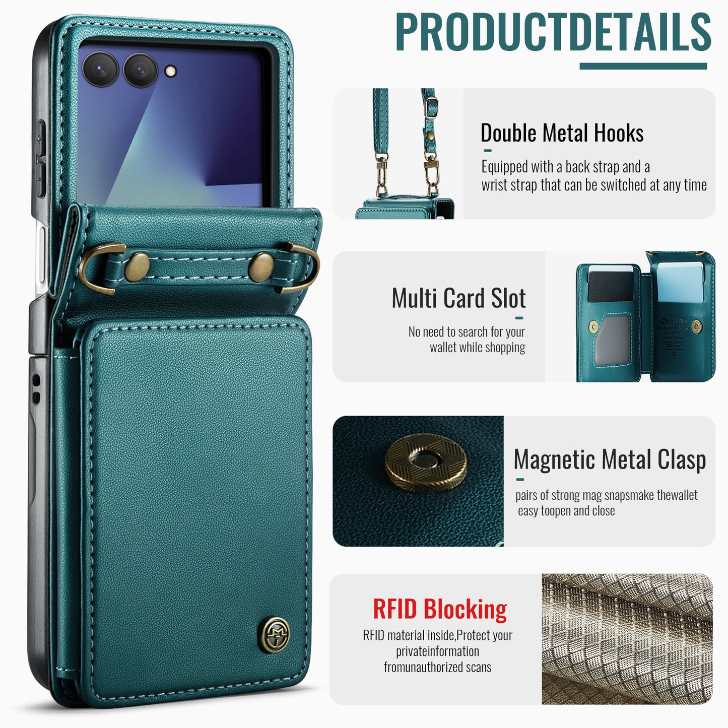 For Samsung Galaxy Z Flip7 5G Case with RFID Blocking 5 Card Slots CASEME C22 Leather Back Cover - Green