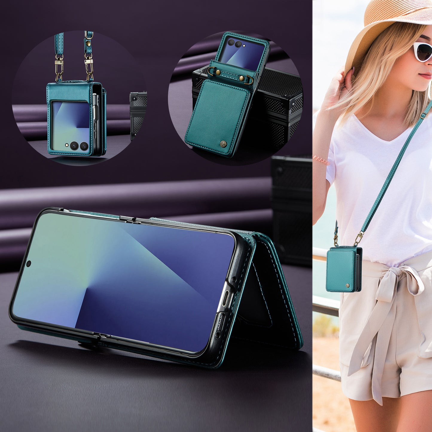For Samsung Galaxy Z Flip7 5G Case with RFID Blocking 5 Card Slots CASEME C22 Leather Back Cover - Green