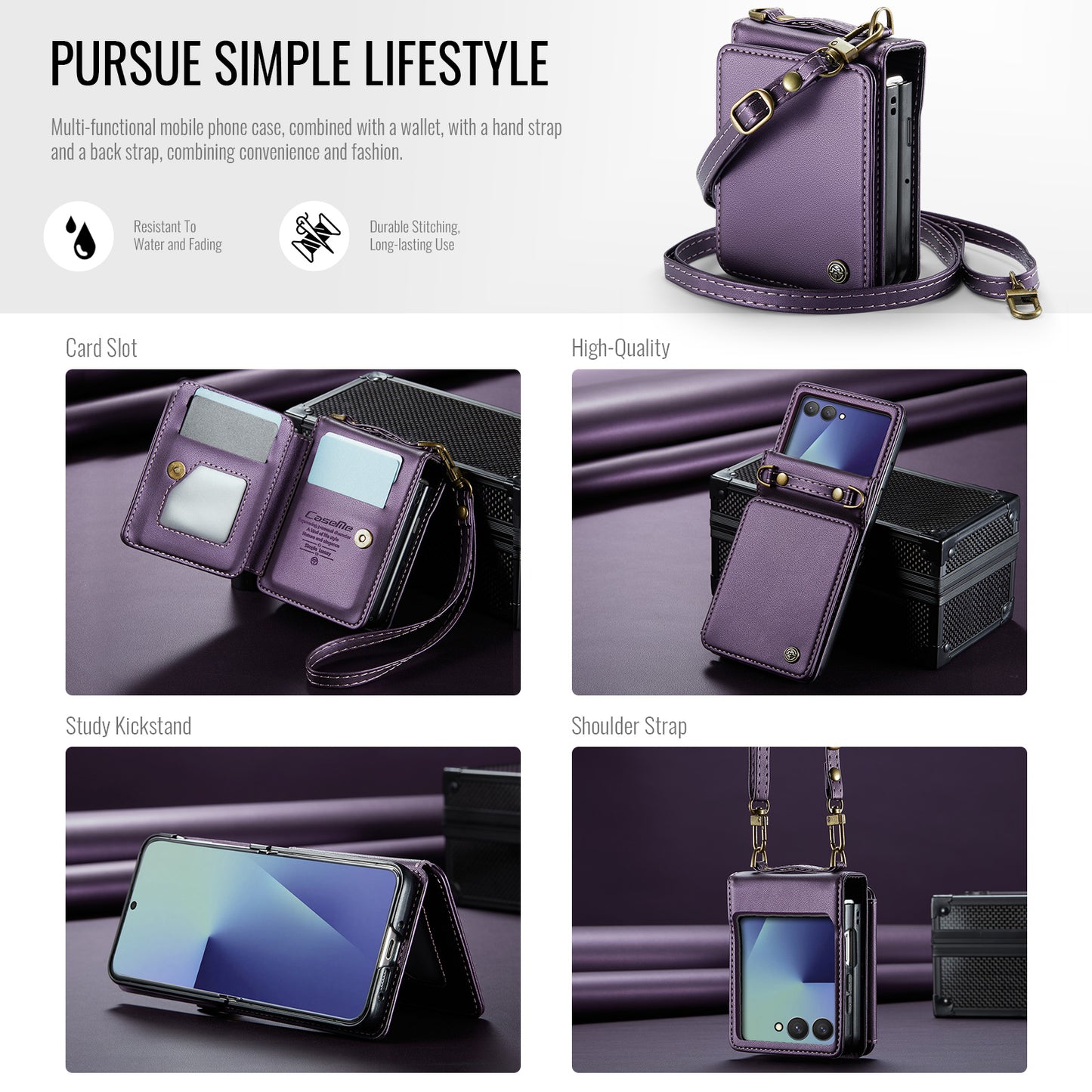 For Samsung Galaxy Z Flip7 5G Case with RFID Blocking 5 Card Slots CASEME C22 Leather Back Cover - Purple