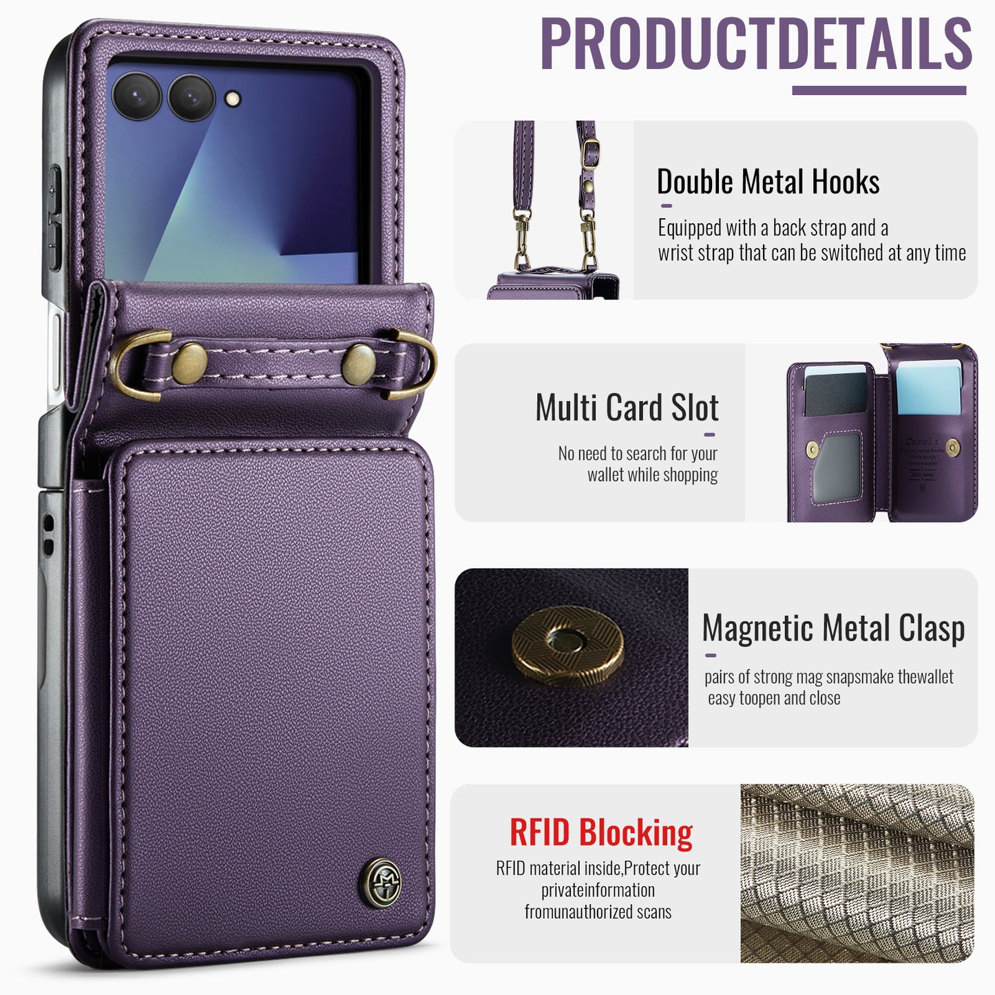 For Samsung Galaxy Z Flip7 5G Case with RFID Blocking 5 Card Slots CASEME C22 Leather Back Cover - Purple