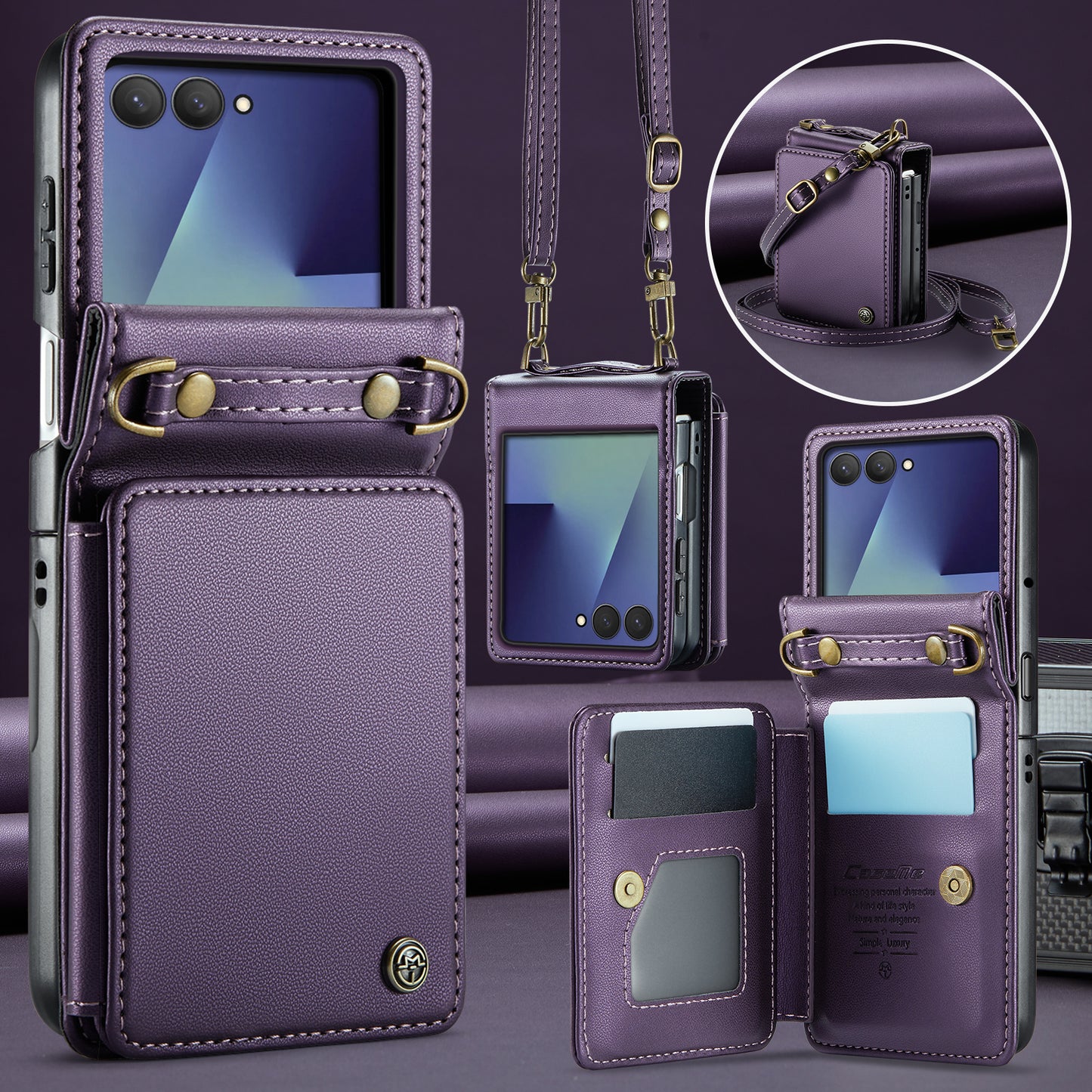 For Samsung Galaxy Z Flip7 5G Case with RFID Blocking 5 Card Slots CASEME C22 Leather Back Cover - Purple
