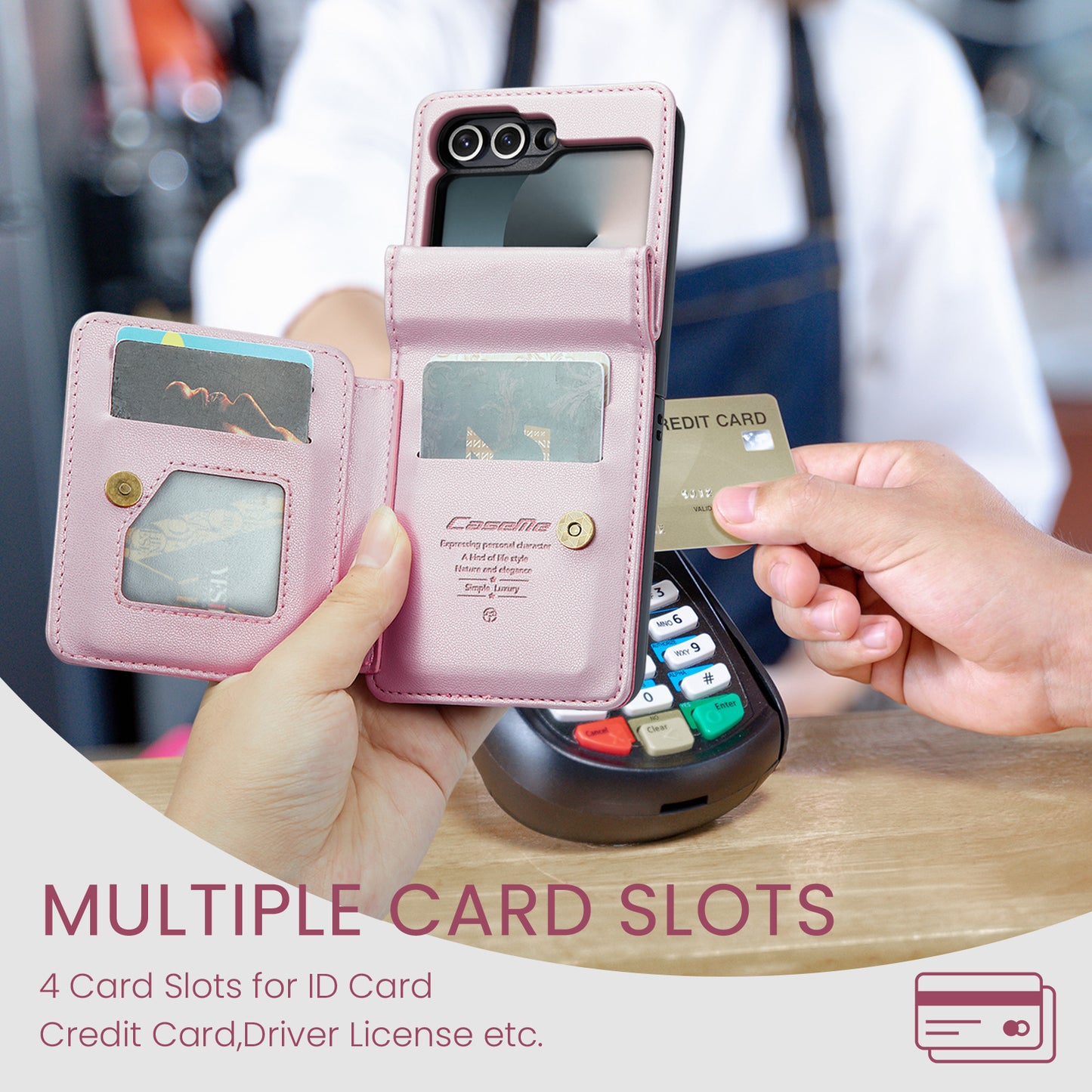 For Samsung Galaxy Z Flip7 FE 5G Case with RFID Blocking 5 Card Slots CASEME C22 Leather Back Cover - Pink