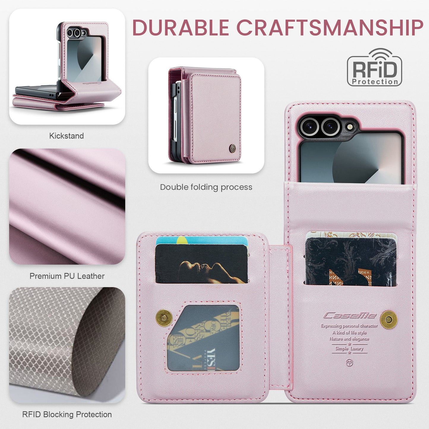 For Samsung Galaxy Z Flip7 FE 5G Case with RFID Blocking 5 Card Slots CASEME C22 Leather Back Cover - Pink