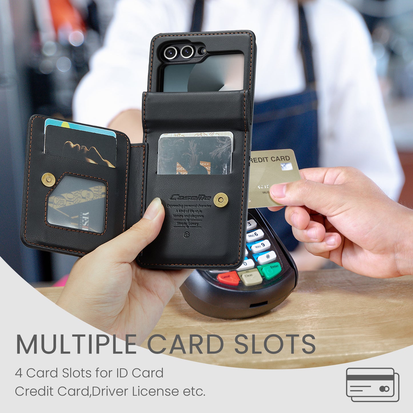 For Samsung Galaxy Z Flip7 FE 5G Case with RFID Blocking 5 Card Slots CASEME C22 Leather Back Cover - Black