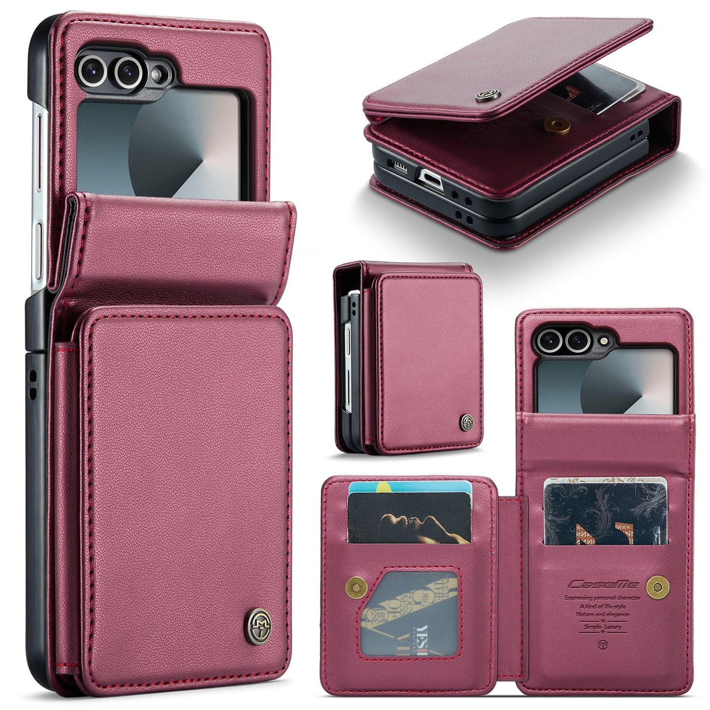For Samsung Galaxy Z Flip7 FE 5G Case with RFID Blocking 5 Card Slots CASEME C22 Leather Back Cover - Red