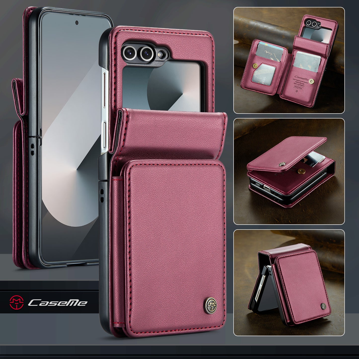 For Samsung Galaxy Z Flip7 FE 5G Case with RFID Blocking 5 Card Slots CASEME C22 Leather Back Cover - Red