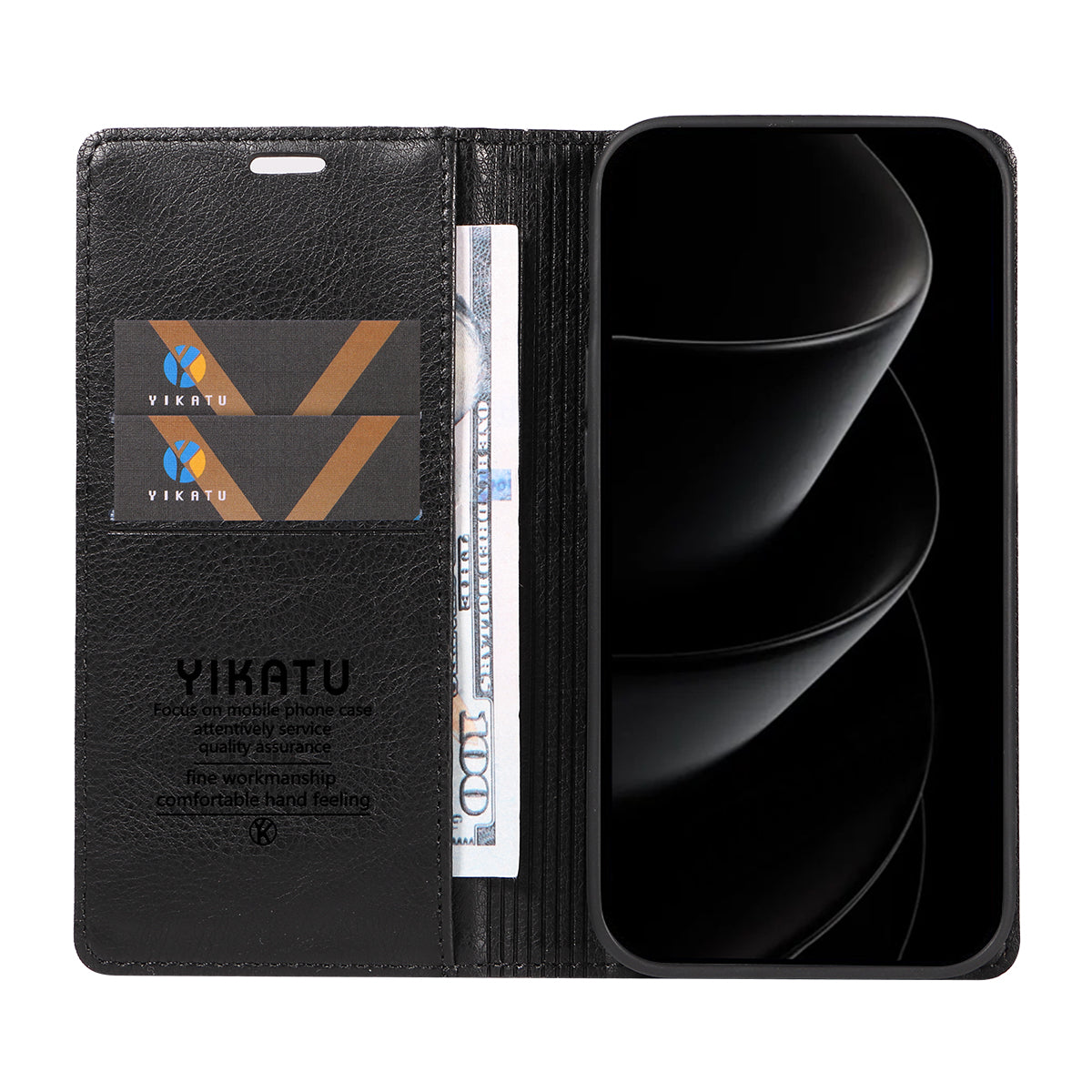 For iPhone 17 Pro Max Wallet Case YIKATU YK-006 Magnetic Closure Leather Phone Cover Litchi Texture - Black
