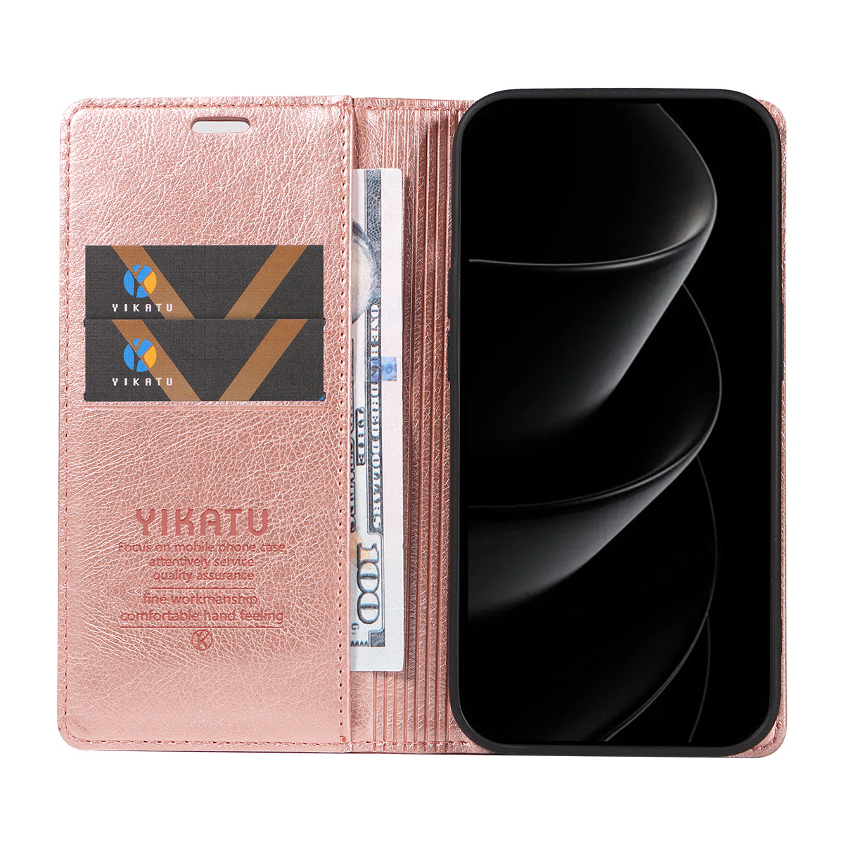 For iPhone 17 Pro Max Wallet Case YIKATU YK-006 Magnetic Closure Leather Phone Cover Litchi Texture - Rose Gold