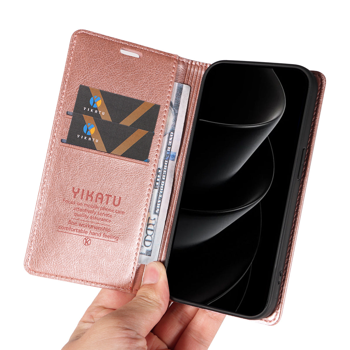 For iPhone 17 Pro Max Wallet Case YIKATU YK-006 Magnetic Closure Leather Phone Cover Litchi Texture - Rose Gold