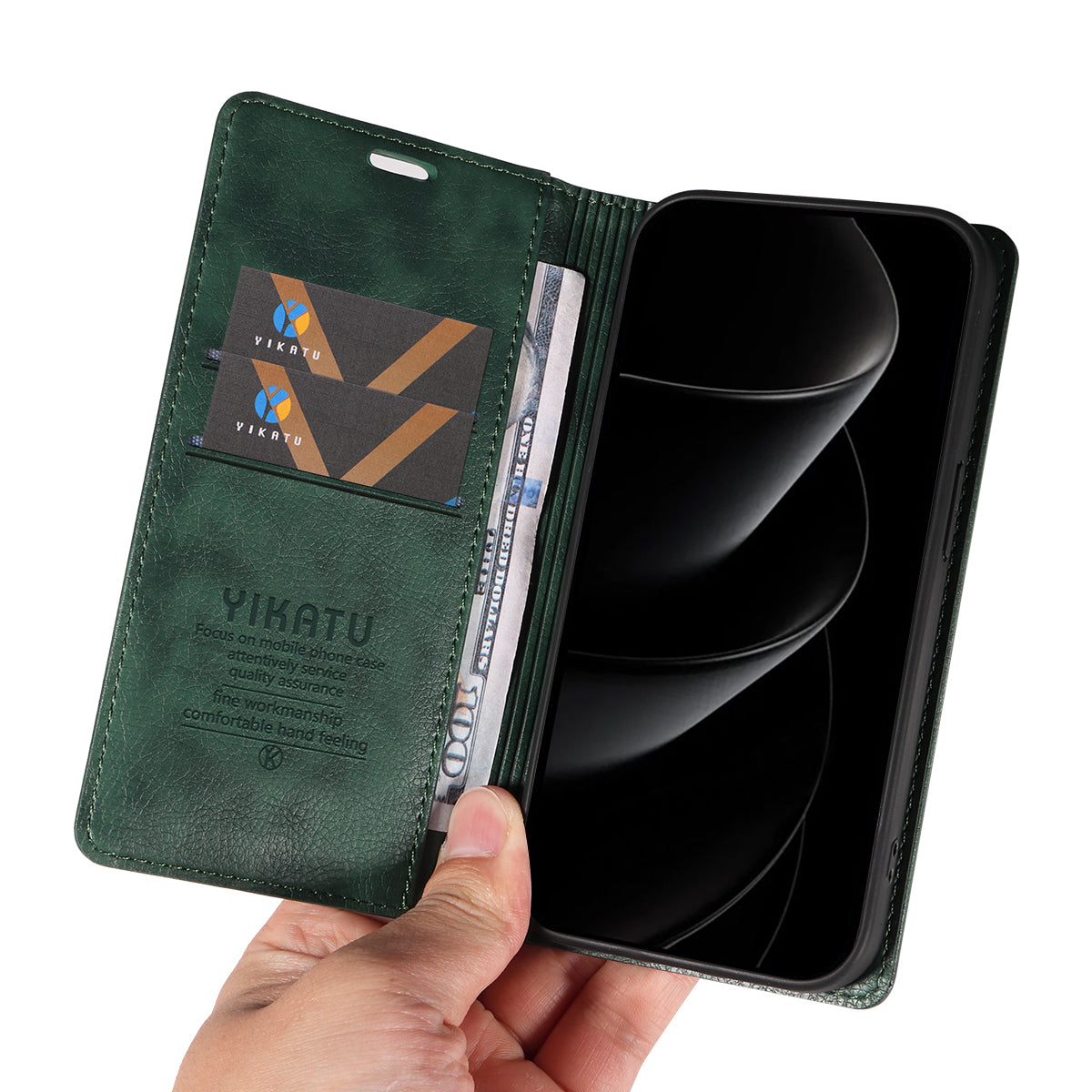 For iPhone 17 Pro Max Wallet Case YIKATU YK-006 Magnetic Closure Leather Phone Cover Litchi Texture -  Green
