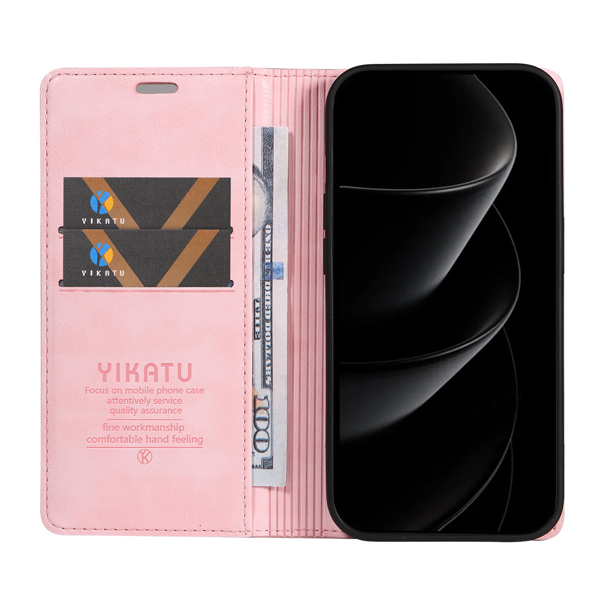 For iPhone 17 Pro Max Wallet Case YIKATU YK-006 Magnetic Closure Leather Phone Cover Litchi Texture - Pink