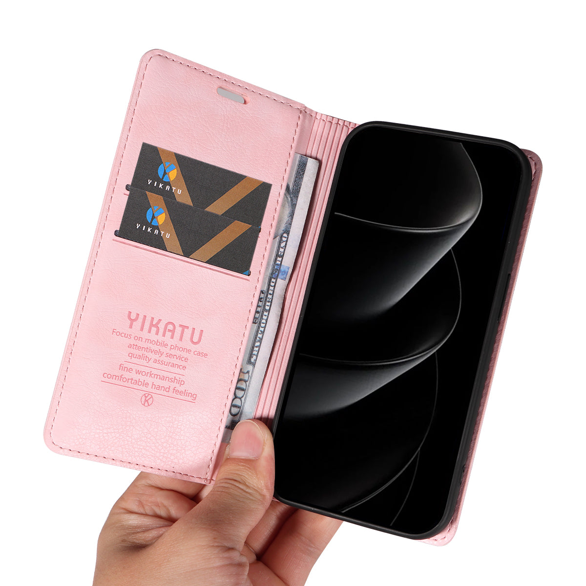 For iPhone 17 Pro Max Wallet Case YIKATU YK-006 Magnetic Closure Leather Phone Cover Litchi Texture - Pink