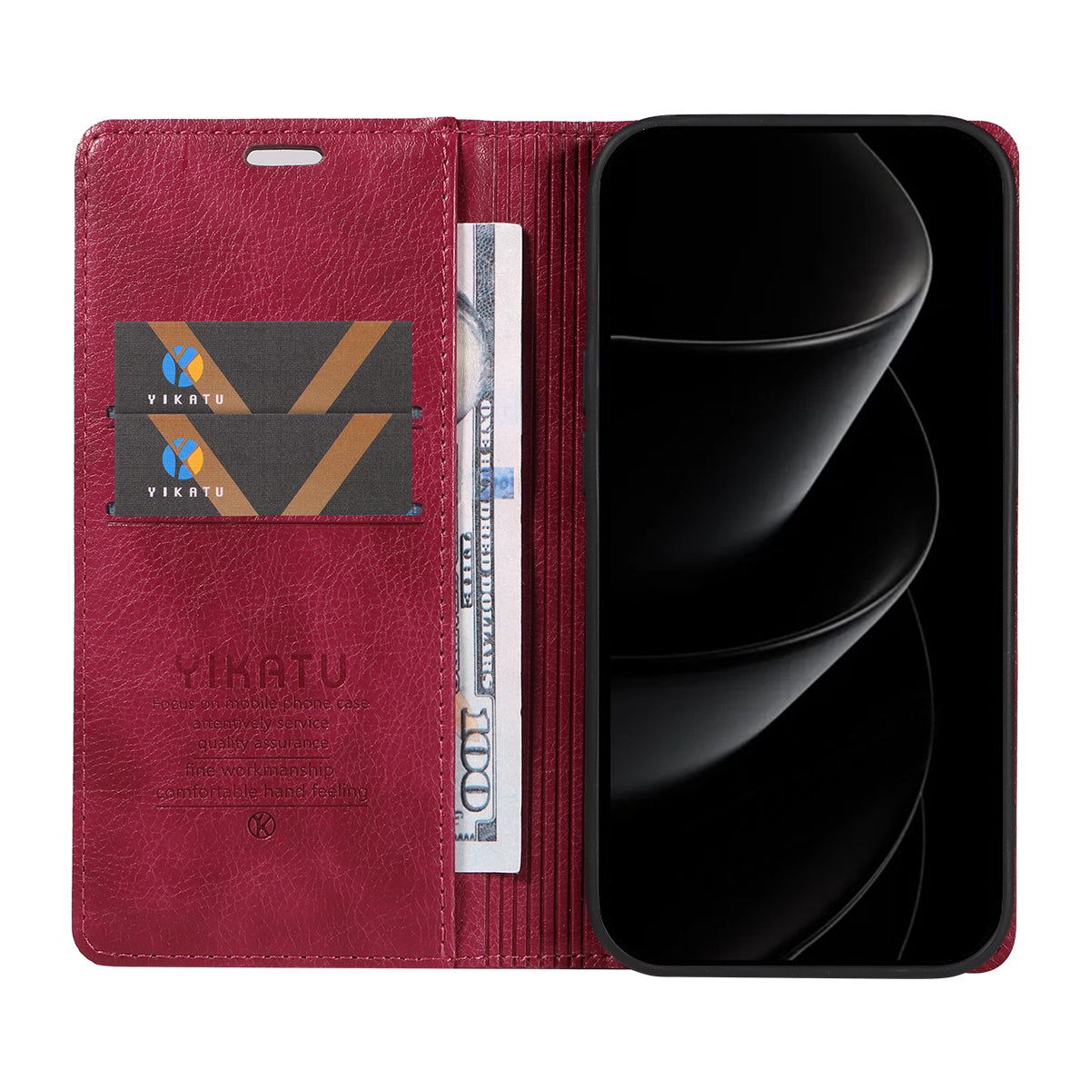 For iPhone 17 Pro Max Wallet Case YIKATU YK-006 Magnetic Closure Leather Phone Cover Litchi Texture - Wine Red