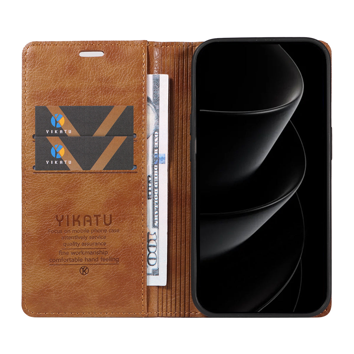 For iPhone 17 Pro Max Wallet Case YIKATU YK-006 Magnetic Closure Leather Phone Cover Litchi Texture -  Brown