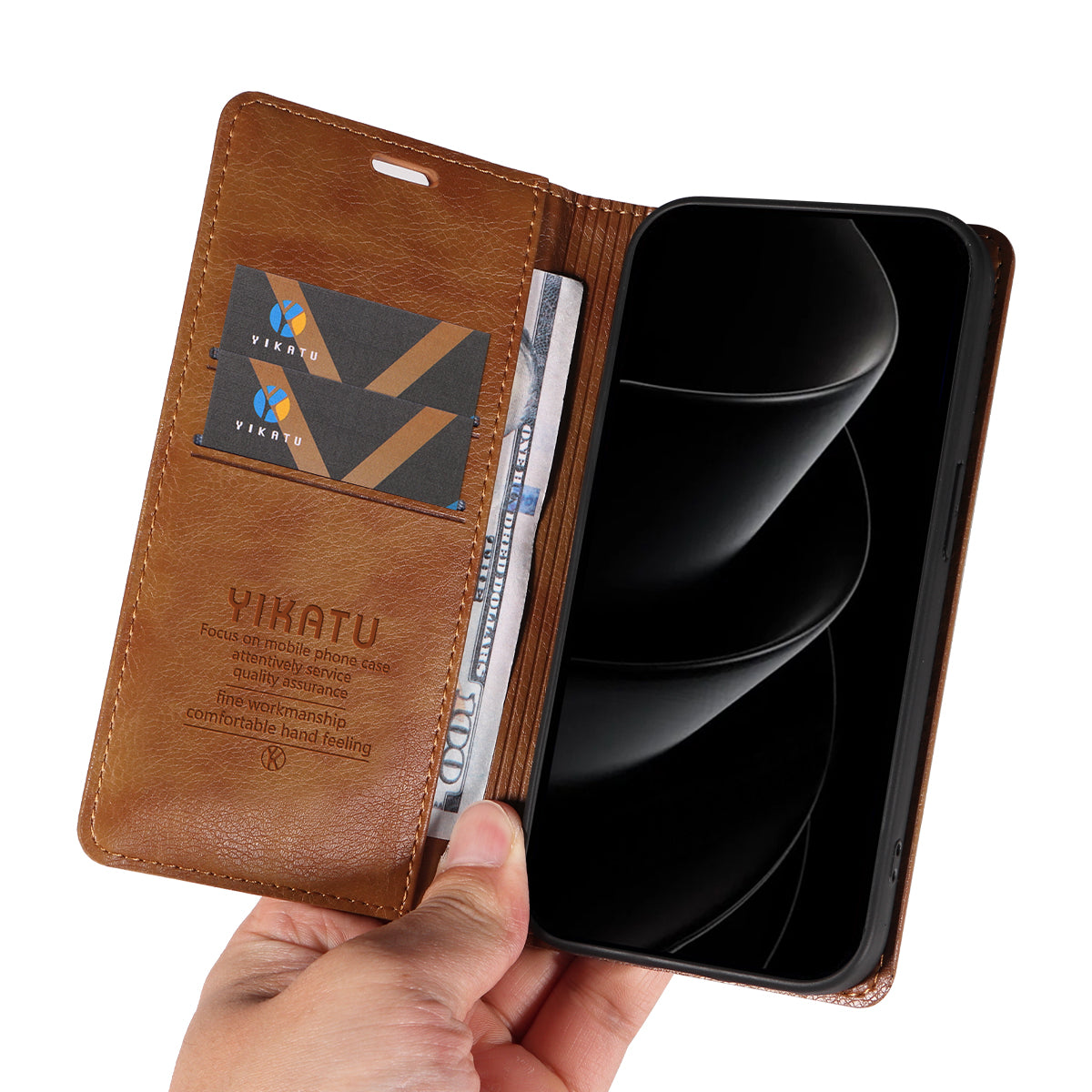 For iPhone 17 Pro Max Wallet Case YIKATU YK-006 Magnetic Closure Leather Phone Cover Litchi Texture -  Brown