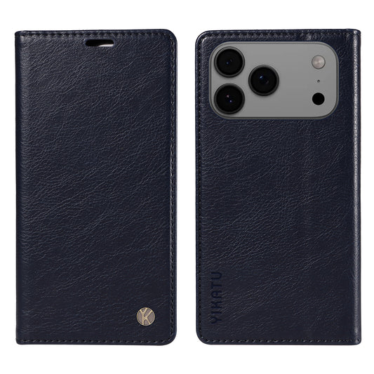 For iPhone 17 Pro Max Wallet Case YIKATU YK-006 Magnetic Closure Leather Phone Cover Litchi Texture - Navy Blue