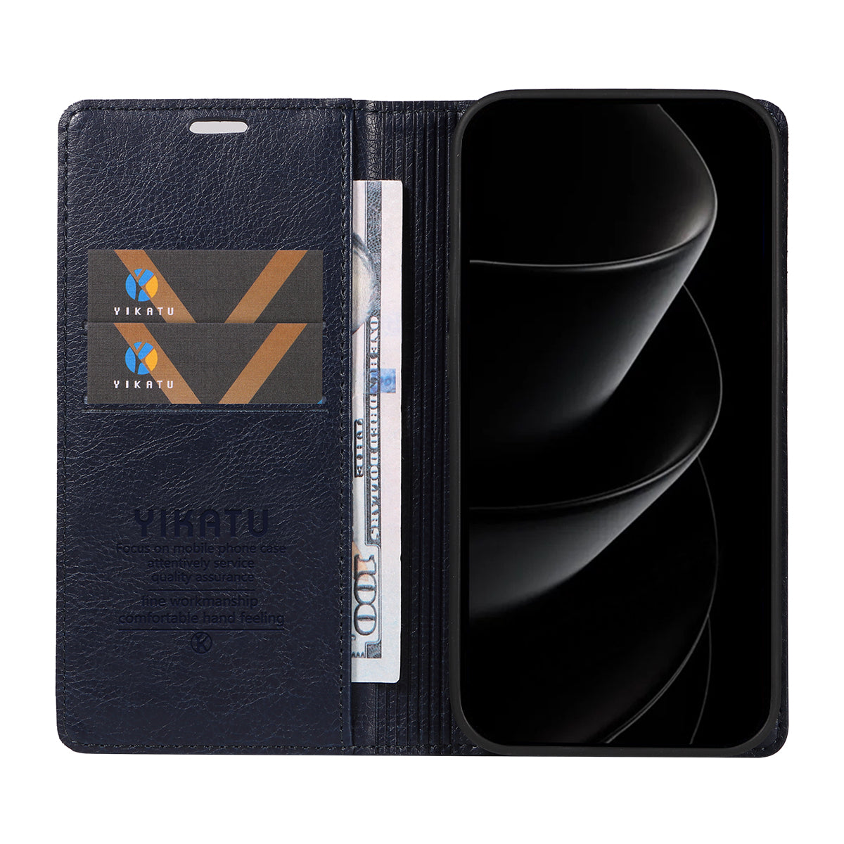 For iPhone 17 Pro Max Wallet Case YIKATU YK-006 Magnetic Closure Leather Phone Cover Litchi Texture - Navy Blue