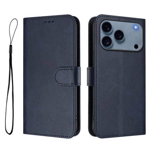 For iPhone 17 Pro Max Wallet Case RFID Blocking Calf Texture Leather Stand Phone Cover with Strap - Blue