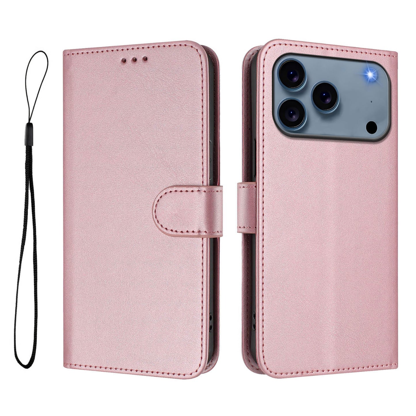 For iPhone 17 Pro Max Wallet Case RFID Blocking Calf Texture Leather Stand Phone Cover with Strap - Pink
