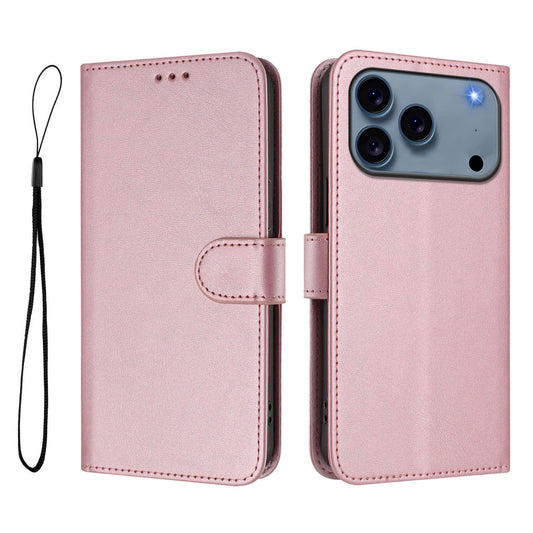 For iPhone 17 Pro Max Wallet Case RFID Blocking Calf Texture Leather Stand Phone Cover with Strap - Pink
