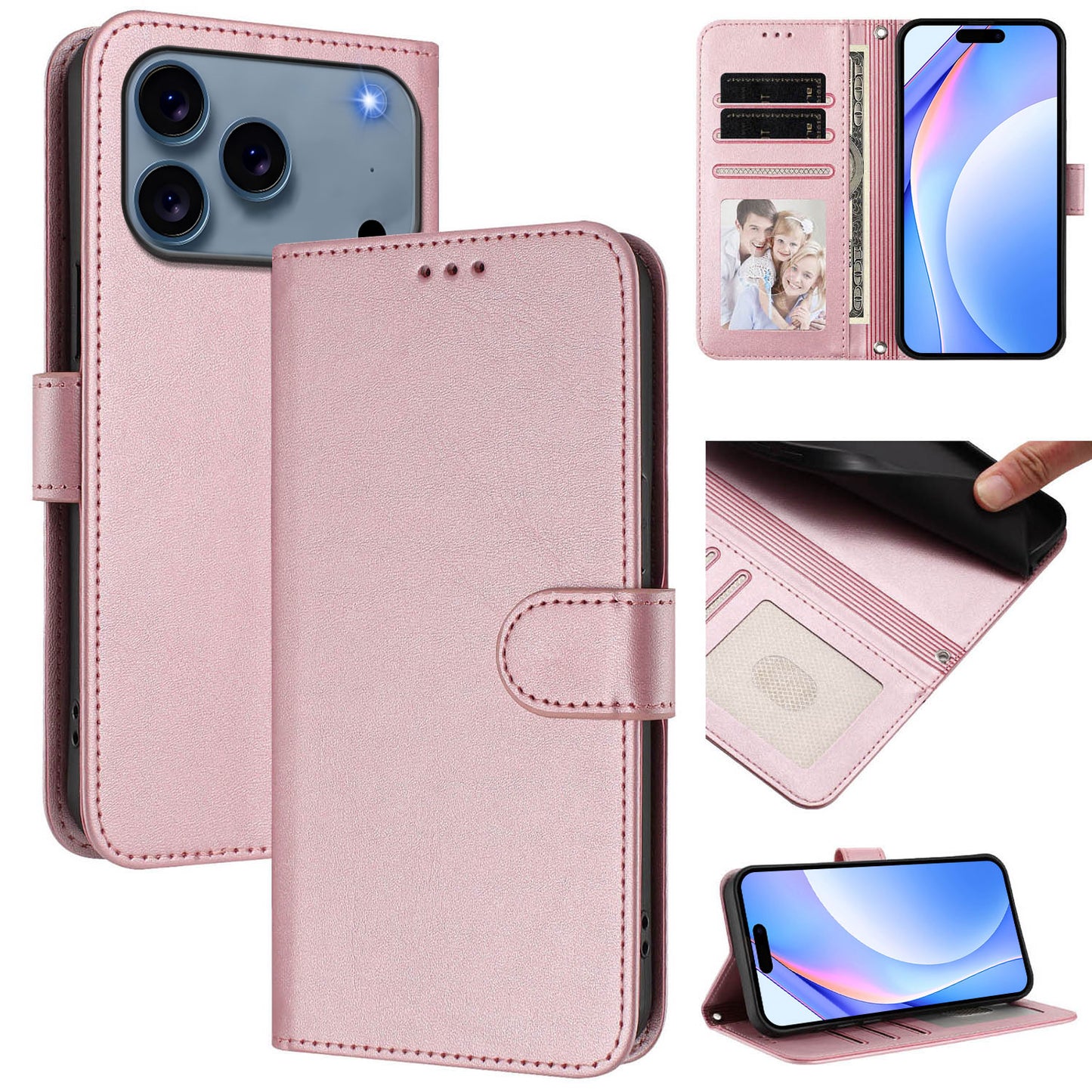 For iPhone 17 Pro Max Wallet Case RFID Blocking Calf Texture Leather Stand Phone Cover with Strap - Pink