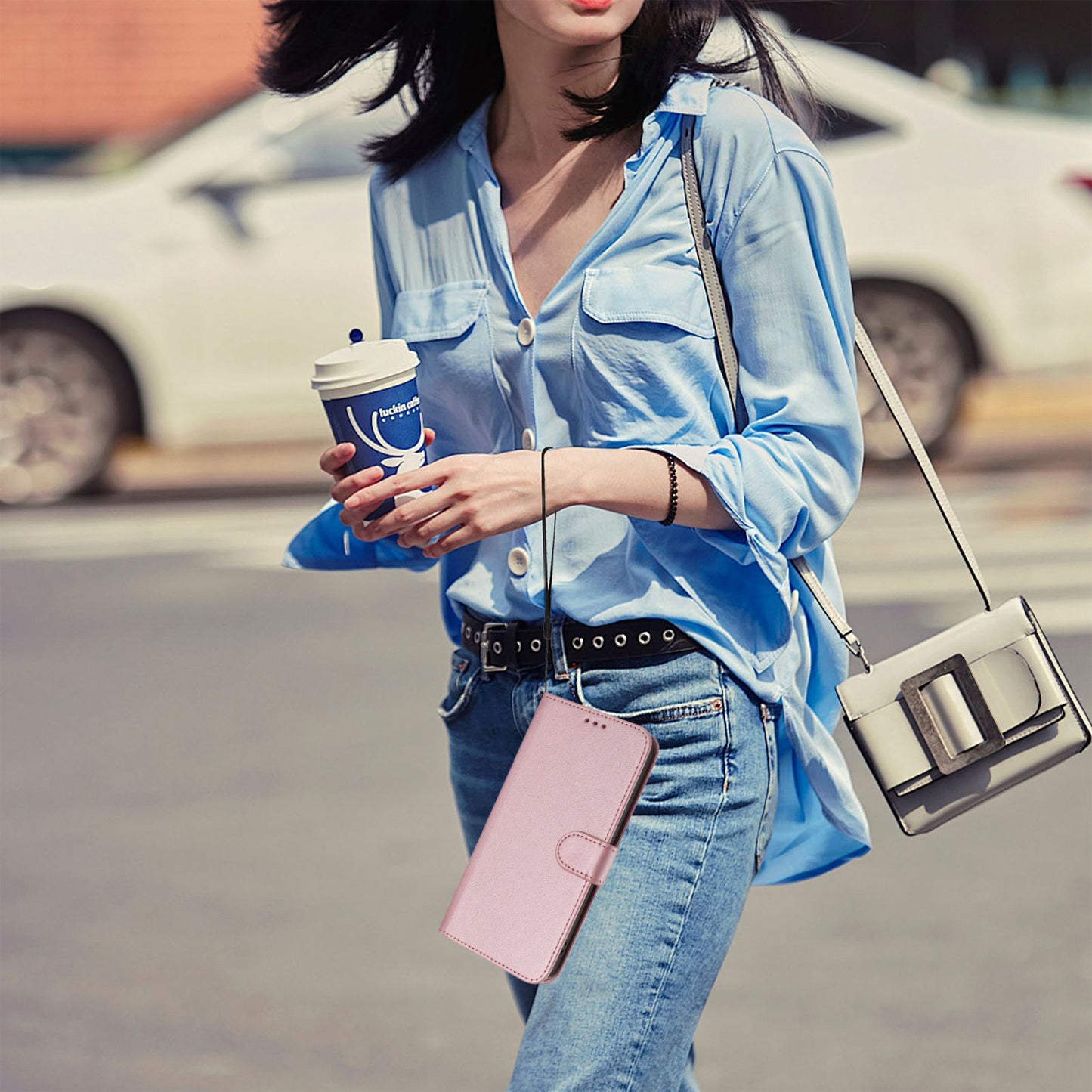 For iPhone 17 Pro Max Wallet Case RFID Blocking Calf Texture Leather Stand Phone Cover with Strap - Pink