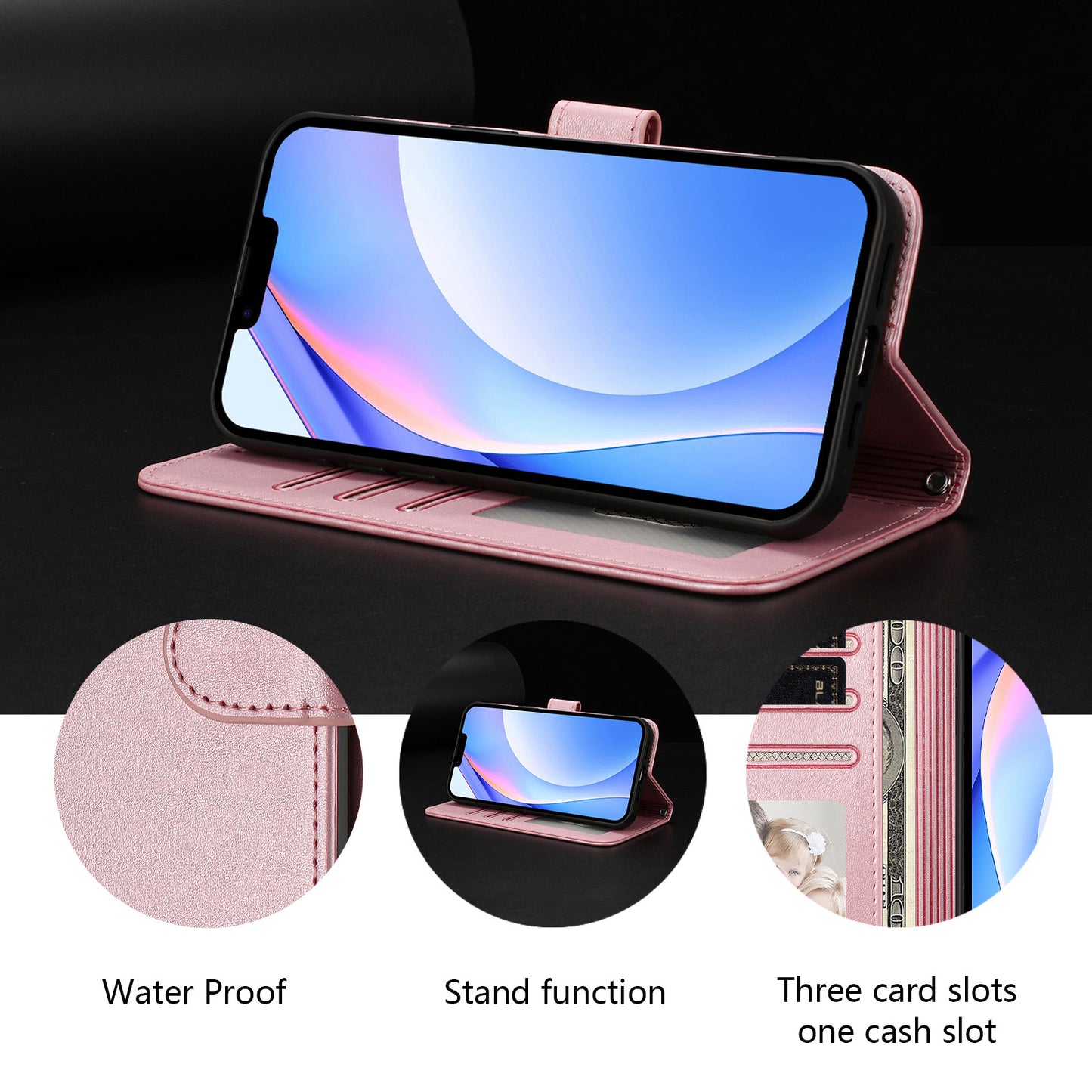 For iPhone 17 Pro Max Wallet Case RFID Blocking Calf Texture Leather Stand Phone Cover with Strap - Pink