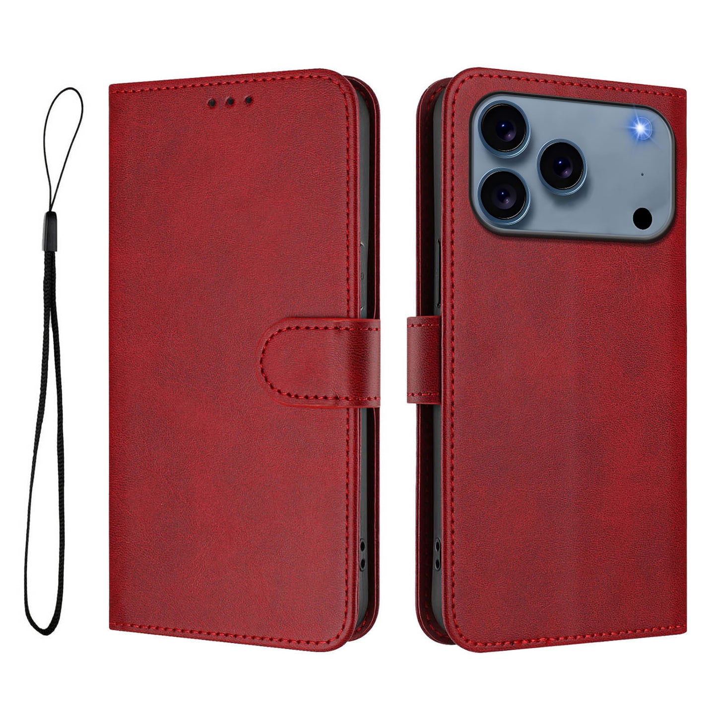For iPhone 17 Pro Max Wallet Case RFID Blocking Calf Texture Leather Stand Phone Cover with Strap - Wine Red