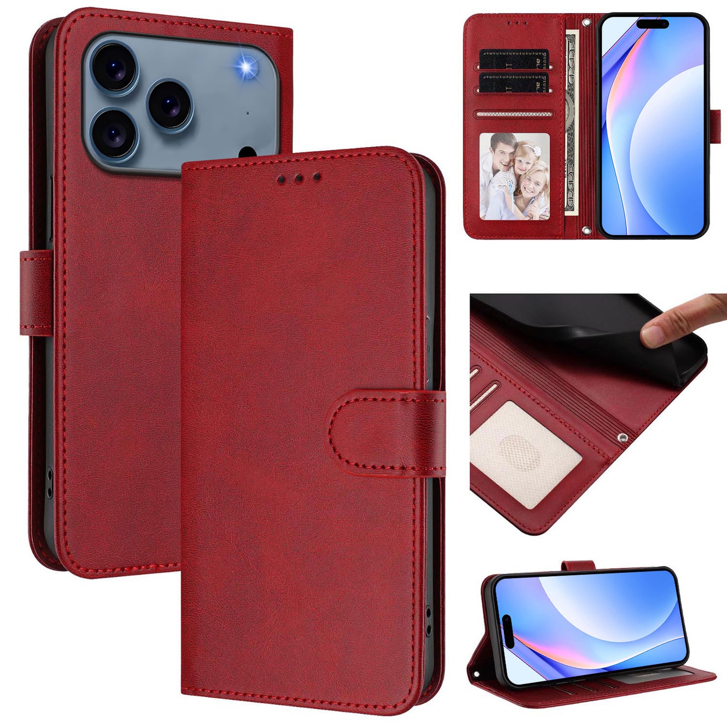 For iPhone 17 Pro Max Wallet Case RFID Blocking Calf Texture Leather Stand Phone Cover with Strap - Wine Red