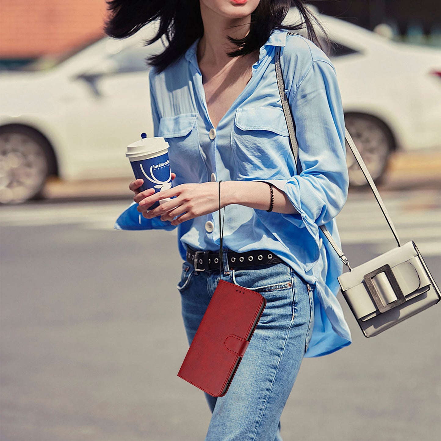 For iPhone 17 Pro Max Wallet Case RFID Blocking Calf Texture Leather Stand Phone Cover with Strap - Wine Red