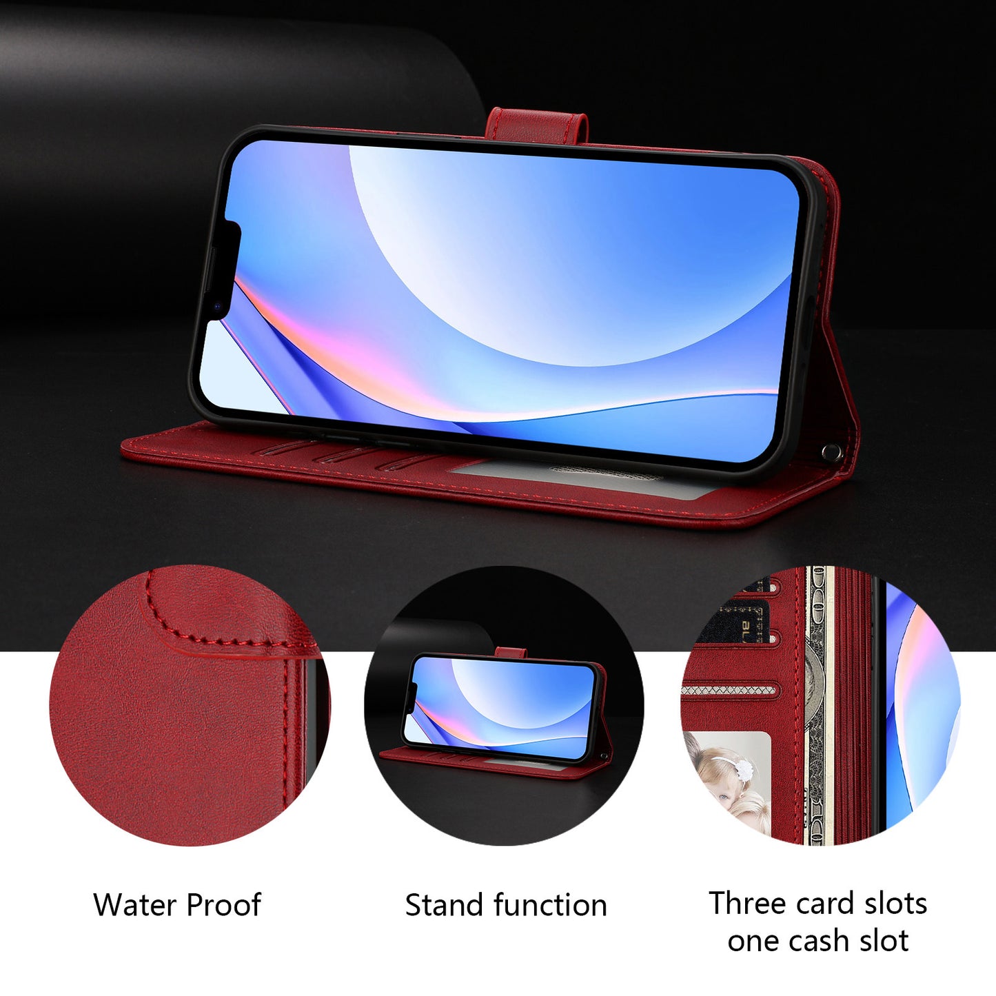 For iPhone 17 Pro Max Wallet Case RFID Blocking Calf Texture Leather Stand Phone Cover with Strap - Wine Red