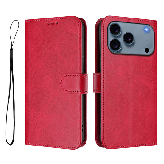 For iPhone 17 Pro Max Wallet Case RFID Blocking Calf Texture Leather Stand Phone Cover with Strap - Rose