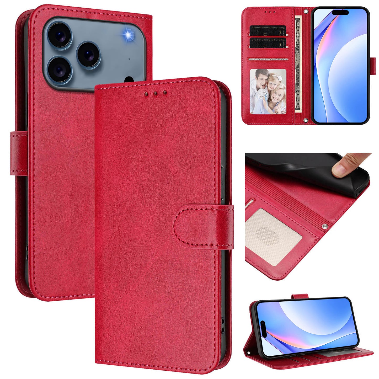 For iPhone 17 Pro Max Wallet Case RFID Blocking Calf Texture Leather Stand Phone Cover with Strap - Rose