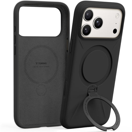 TORRAS Ostand Q Pro Series For iPhone 17 Pro Max Case Magnetic Ring Kickstand Liquid Silicone + PC Phone Cover - Black