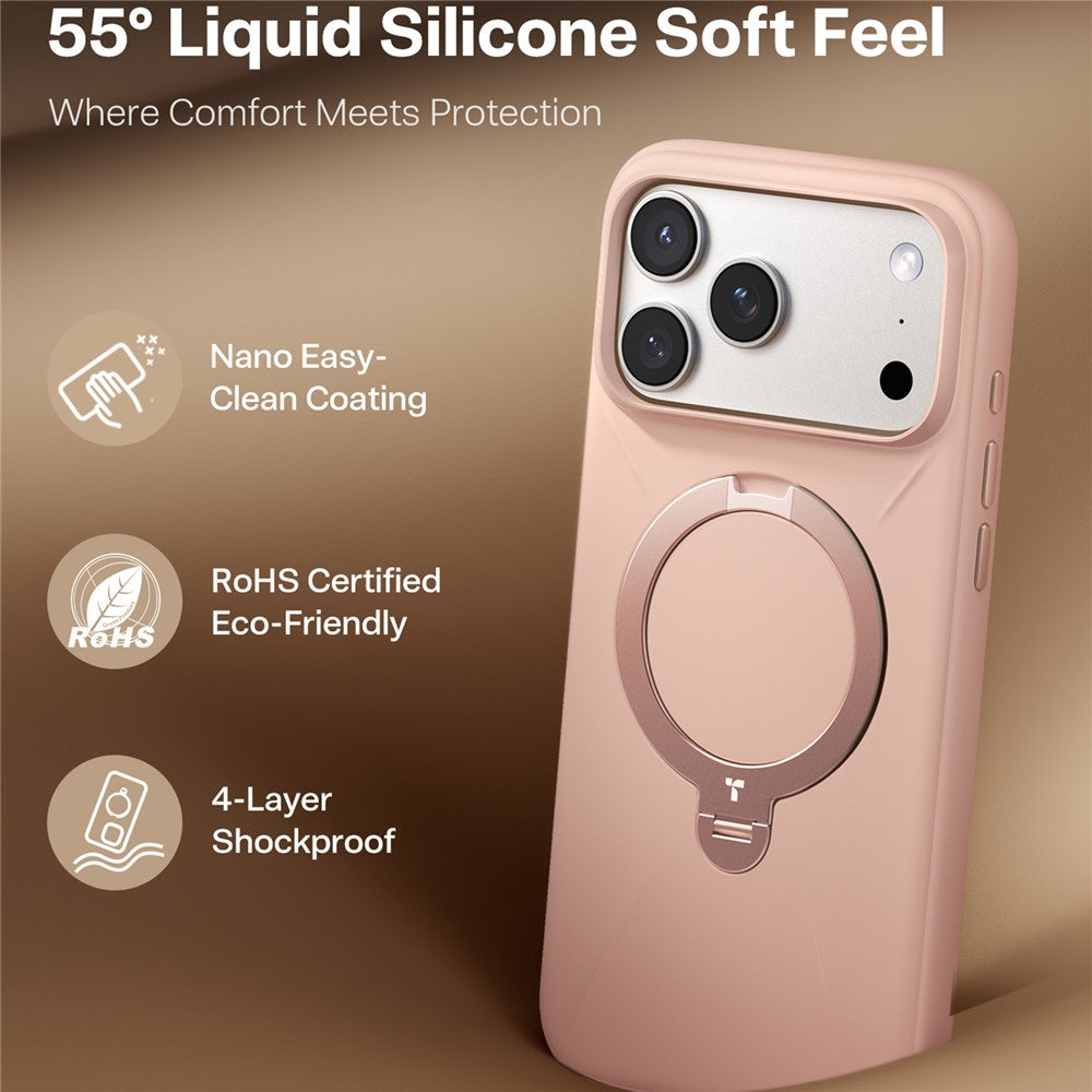 TORRAS Ostand Q Pro Series For iPhone 17 Pro Max Case Magnetic Ring Kickstand Liquid Silicone + PC Phone Cover - Pink