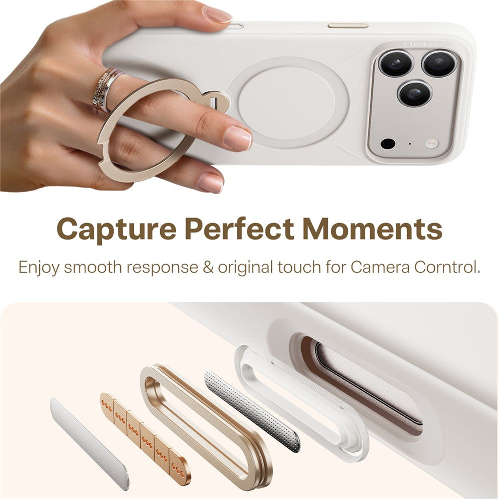 TORRAS Ostand Q Pro Series For iPhone 17 Pro Max Case Magnetic Ring Kickstand Liquid Silicone + PC Phone Cover - White