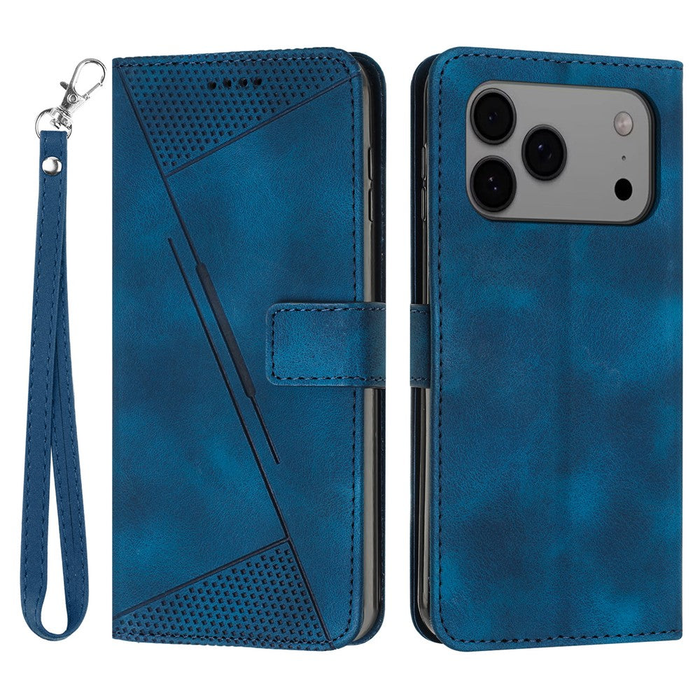 For iPhone 17 Pro Max Leather Case Imprinted Triangle Phone Cover with Hand Strap - Sapphire