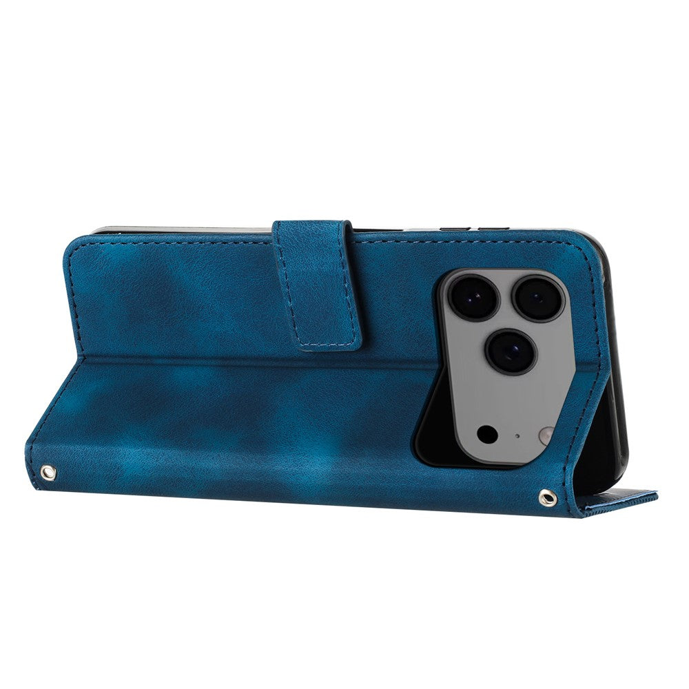 For iPhone 17 Pro Max Leather Case Imprinted Triangle Phone Cover with Hand Strap - Sapphire