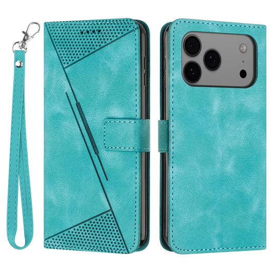 For iPhone 17 Pro Max Leather Case Imprinted Triangle Phone Cover with Hand Strap - Green