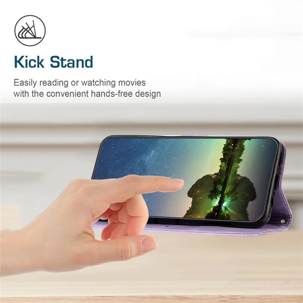 For iPhone 17 Pro Max Leather Case Imprinted Triangle Phone Cover with Hand Strap - Purple