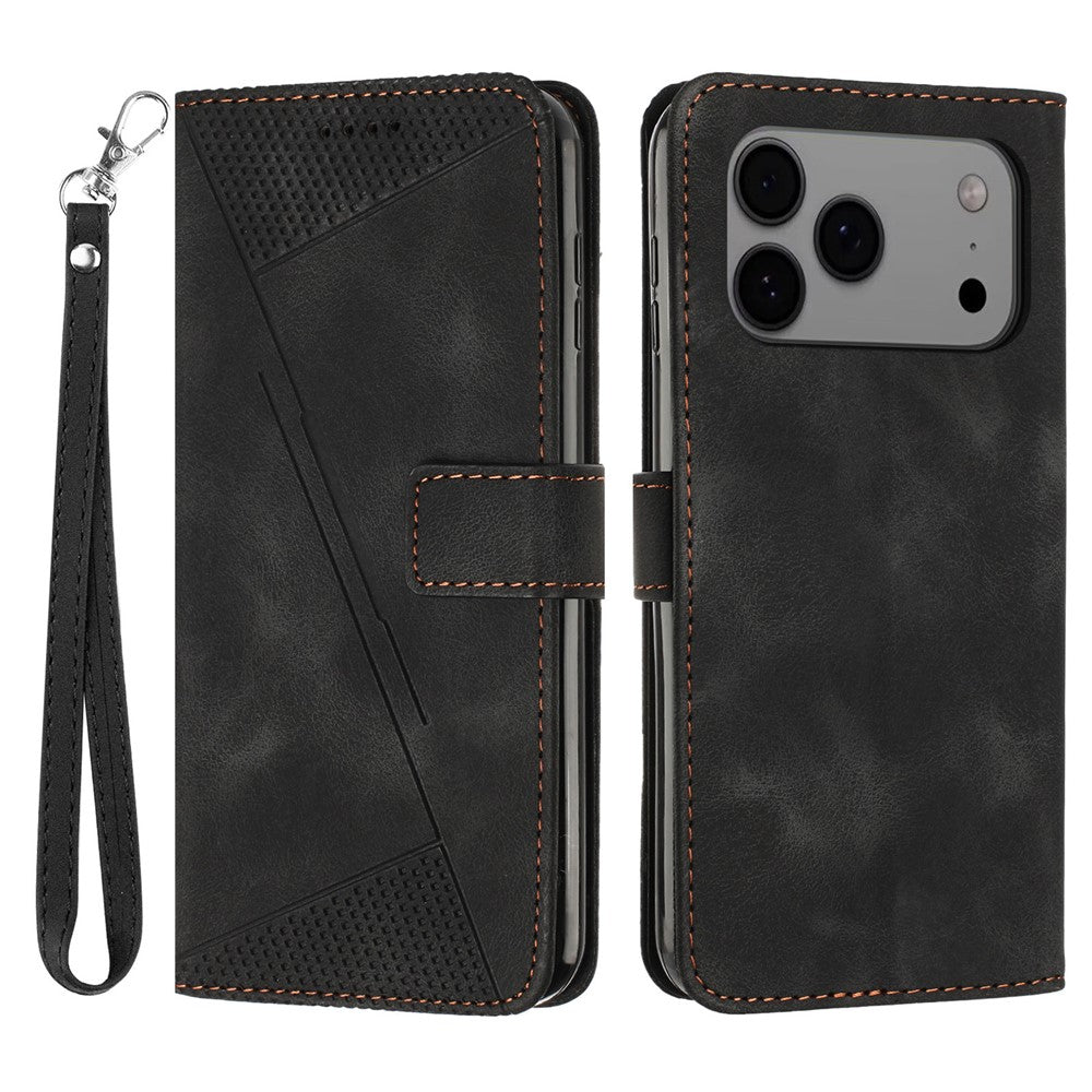 For iPhone 17 Pro Max Leather Case Imprinted Triangle Phone Cover with Hand Strap - Black