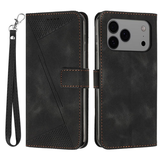 For iPhone 17 Pro Max Leather Case Imprinted Triangle Phone Cover with Hand Strap - Black