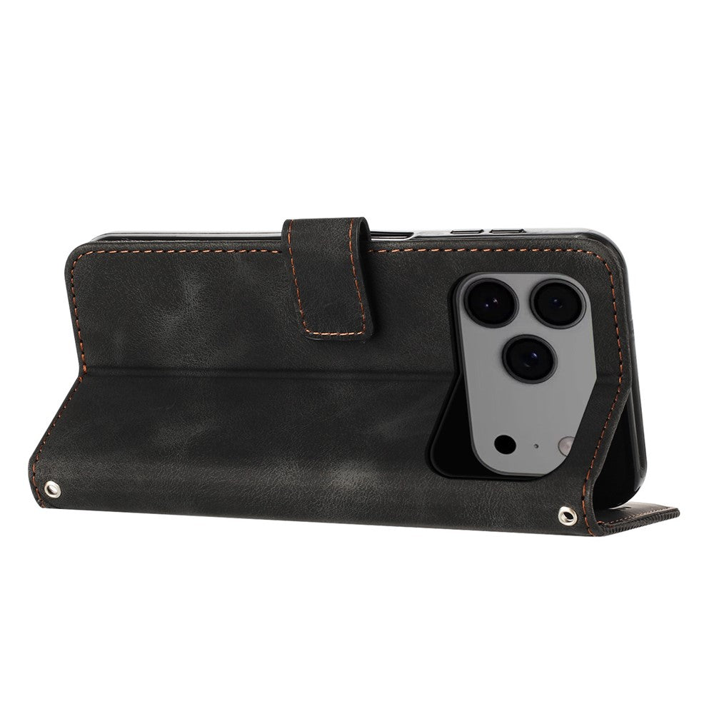 For iPhone 17 Pro Max Leather Case Imprinted Triangle Phone Cover with Hand Strap - Black