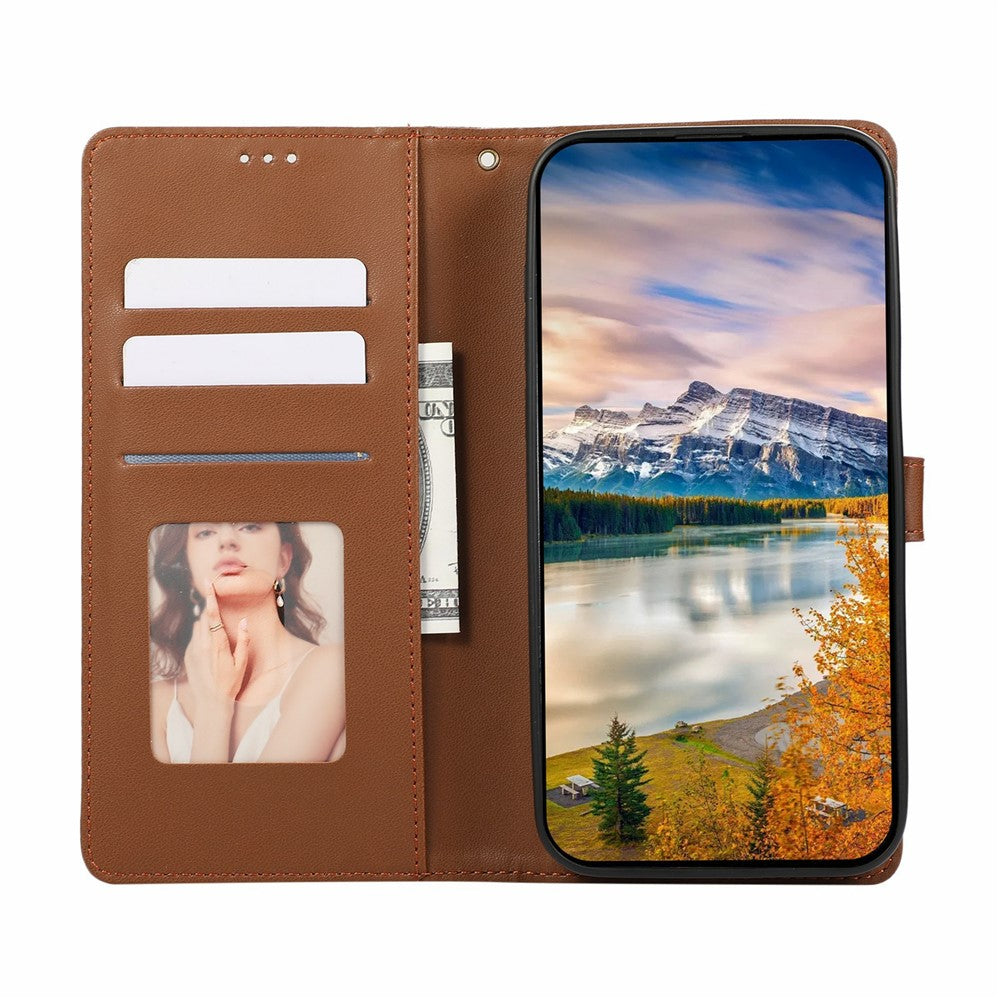 For iPhone 17 Pro Max Case Splicing Imprinted Rhombus Leather Phone Cover with Wrist Strap - Brown