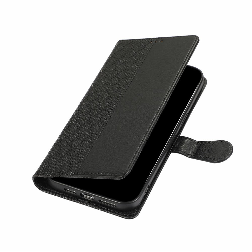 For iPhone 17 Pro Max Case Splicing Imprinted Rhombus Leather Phone Cover with Wrist Strap - Black