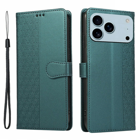 For iPhone 17 Pro Max Case Splicing Imprinted Rhombus Leather Phone Cover with Wrist Strap - Green